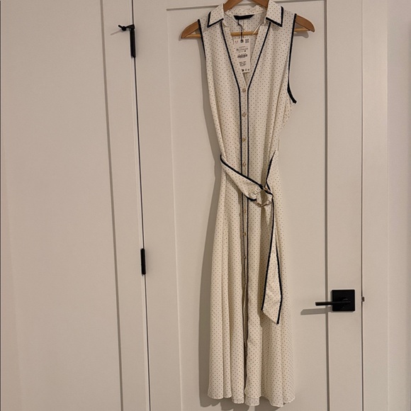 Zara Dresses & Skirts - NWT Zara Cream and Navy Polka Dot Belted Midi Dress